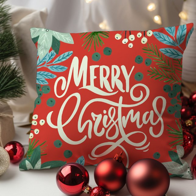 Modern Bold Floral Merry Christmas  Throw Pillow (Modern Bold Floral Merry Christmas Throw Pillow)