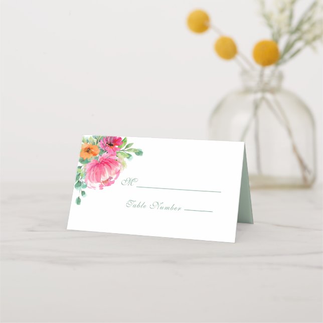 Modern Bold Floral Pink Orange Monogram Wedding   Place Card (Front)