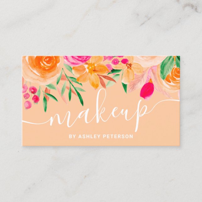Modern bold floral watercolor script makeup business card (Front)