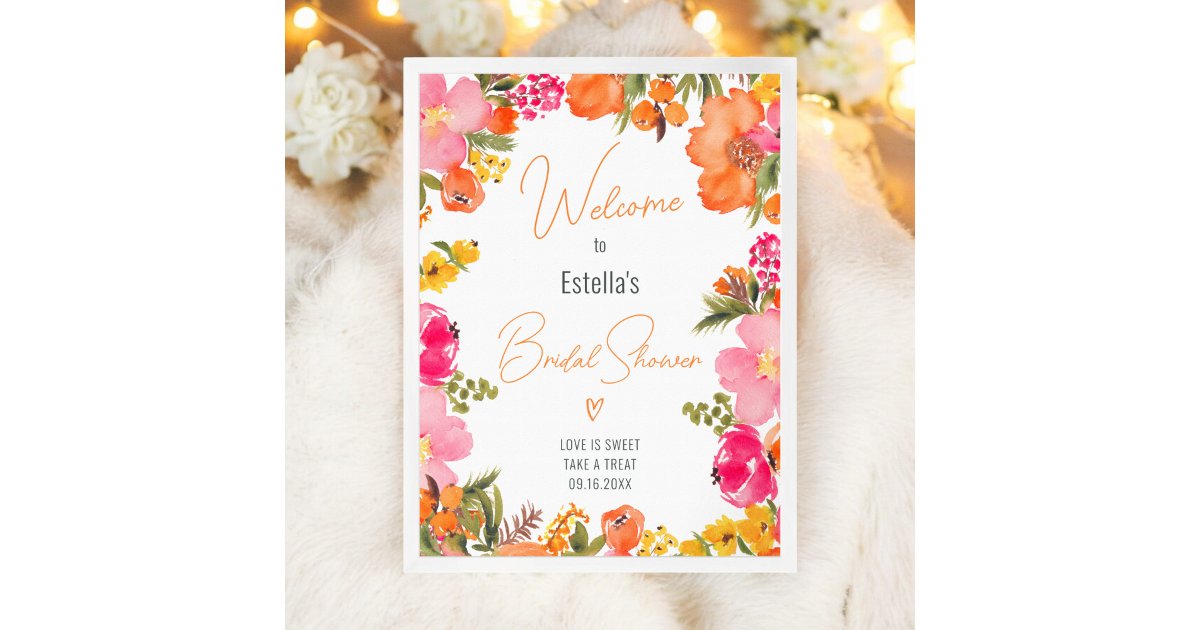Modern bold flowers script bridal shower welcome poster | Zazzle