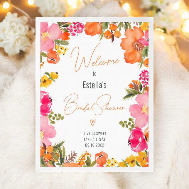 Modern bold flowers script bridal shower welcome poster | Zazzle