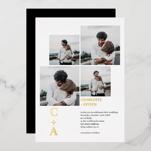 Modern bold font gold foil 4 photos grid wedding  invitation (Front/Back)