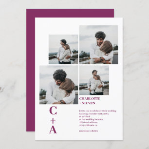 Modern bold font magenta 4 photos grid wedding invitation
