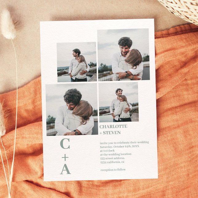 Modern bold font sage green 4 photos grid wedding invitation (Creator Uploaded)