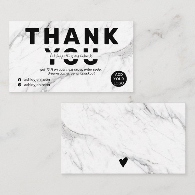 Modern bold font white marble order thank you business card (Front/Back)