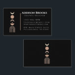 Modern Bold Geometric Moon Phase Stylish Elegant Business Card<br><div class="desc">Bold and modern, this black business card design is perfect for creative professionals. The front features elegant serif typography for the name and title, paired with a clean vertical layout of contact details. On the left, minimalist geometric and moon phase icons in warm beige add a touch of sophistication and...</div>