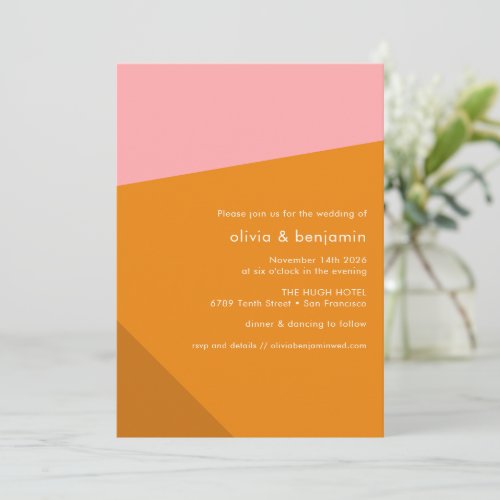 Modern Bold Geometric Pink Burnt Orange Wedding Invitation