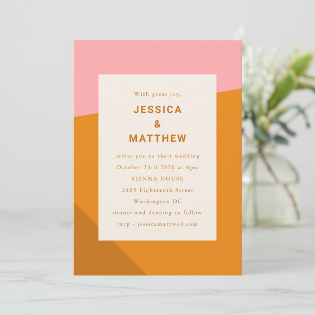 Modern Bold Geometric Pink Burnt Orange Wedding Invitation (Standing Front)