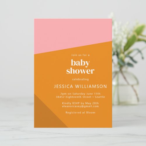 Modern Bold Geometric Pink Orange Cute Baby Shower Invitation