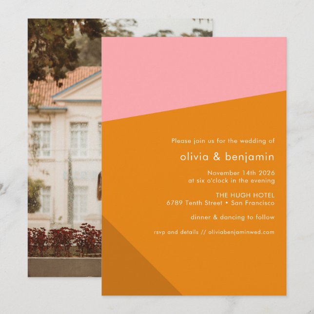 Modern Bold Geometric Pink Orange Photo Wedding Invitation (Front/Back)