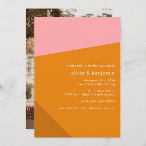 Modern Bold Geometric Pink Orange Photo Wedding Invitation