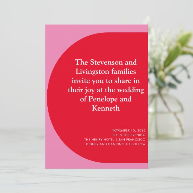 Modern Bold Geometric Playful Red Pink Wedding  Invitation (Standing Front)