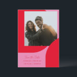 Modern Bold Geometric Unique Bright Pink Red Photo Save The Date<br><div class="desc">This bright and bold save the date card features a photo of the engaged couple on top of a red and pink geometric art design.</div>