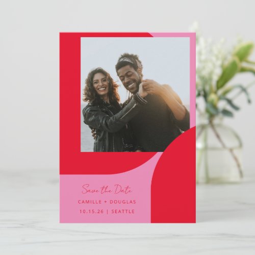 Modern Bold Geometric Unique Bright Pink Red Photo Save The Date