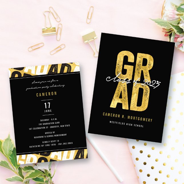 Modern Bold Gold GRAD Stylish Graduation Party Enclosure Card (Modern Bold Gold GRAD Stylish Graduation Party Insert / Enclosure Card @ zazzle.com/color_therapy)