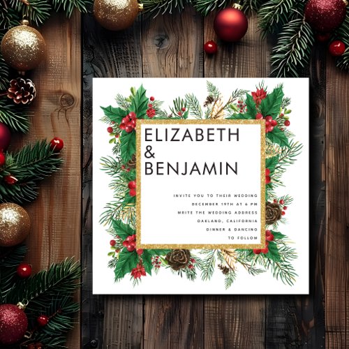 Modern Bold Gold Pine Qr Code Christmas Wedding Invitation