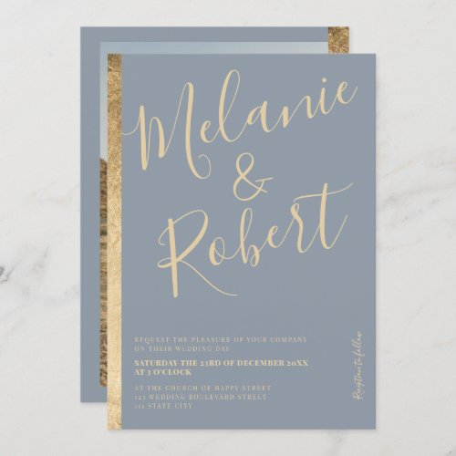 Modern bold gold stripe dusty blue wedding photo invitation - An elegant, chic and modern dusty blue and geometric gold stripe with modern bold script font, add your photo at the back. 