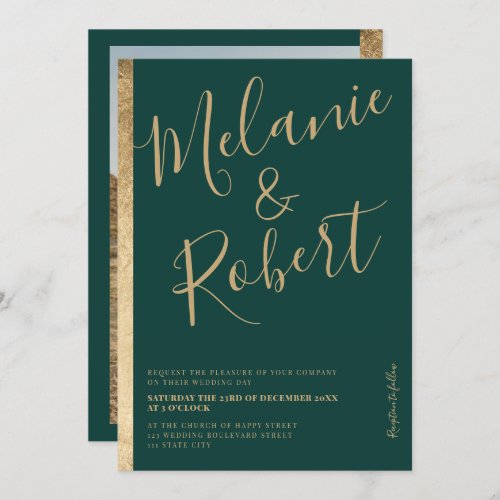 Modern bold gold stripe emerald wedding photo invitation - An elegant, chic and modern emerald green and geometric gold stripe with modern bold script font, add your photo at the back. 