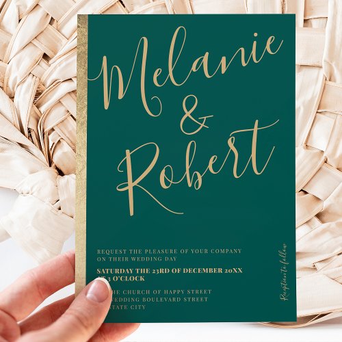 Modern bold gold stripe emerald wedding photo invitation