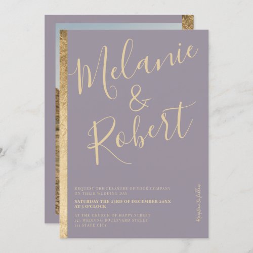 Modern bold gold stripe lavender wedding photo invitation