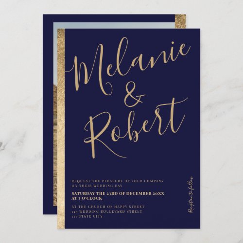 Modern bold gold stripe navy blue wedding photo invitation - An elegant, chic and modern navy blue and geometric gold stripe with modern bold script font, add your photo at the back. 