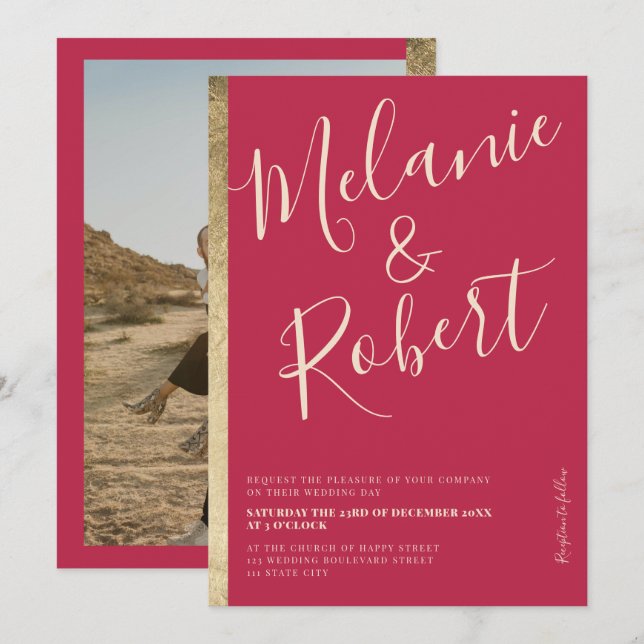 Modern bold gold stripe pink magenta wedding photo invitation (Front/Back)