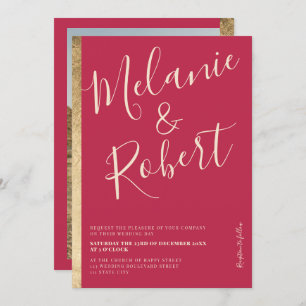 Modern bold gold stripe pink magenta wedding photo invitation