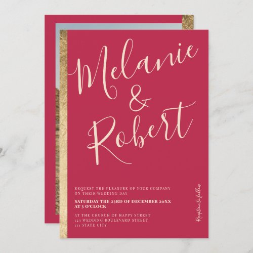 Modern bold gold stripe pink magenta wedding photo invitation