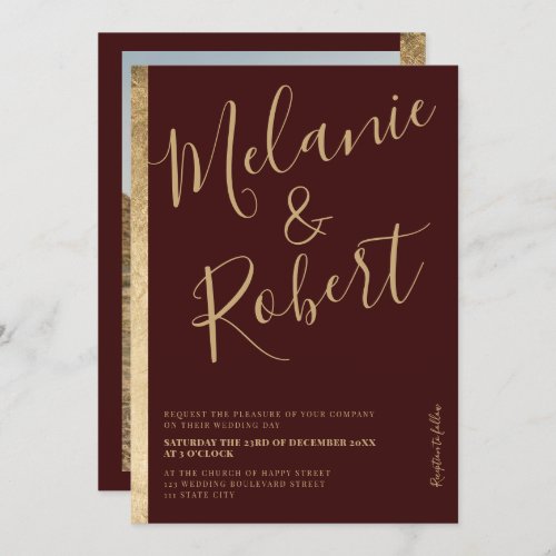 Modern bold gold stripe red burgundy wedding photo invitation - An elegant, chic and modern red burgundy and geometric gold stripe with modern bold script font, add your photo at the back. 