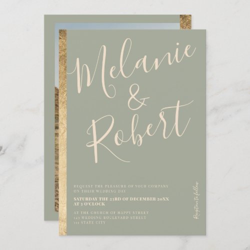 Modern bold gold stripe sage green wedding photo invitation - An elegant, chic and modern sage green and geometric gold stripe with modern bold script font, add your photo at the back. 