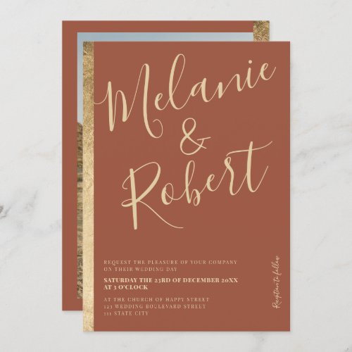 Modern bold gold stripe terracotta wedding photo invitation - An elegant, chic and modern boho terracotta and geometric gold stripe with modern bold script font, add your photo at the back. 