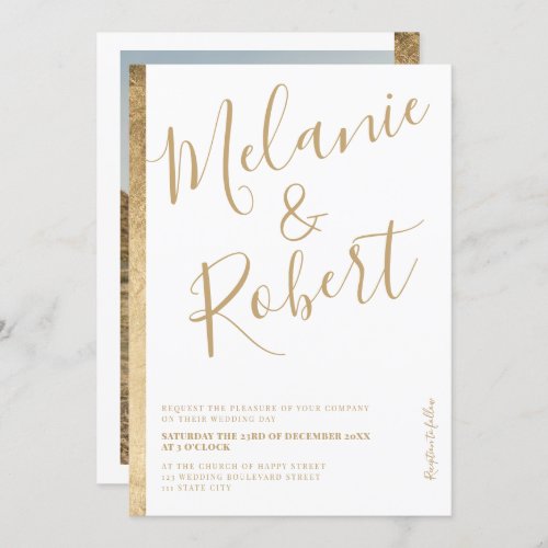 Modern bold gold stripe white wedding photo invitation - An elegant, chic and modern white and geometric gold stripe with modern bold script font, add your photo at the back. 