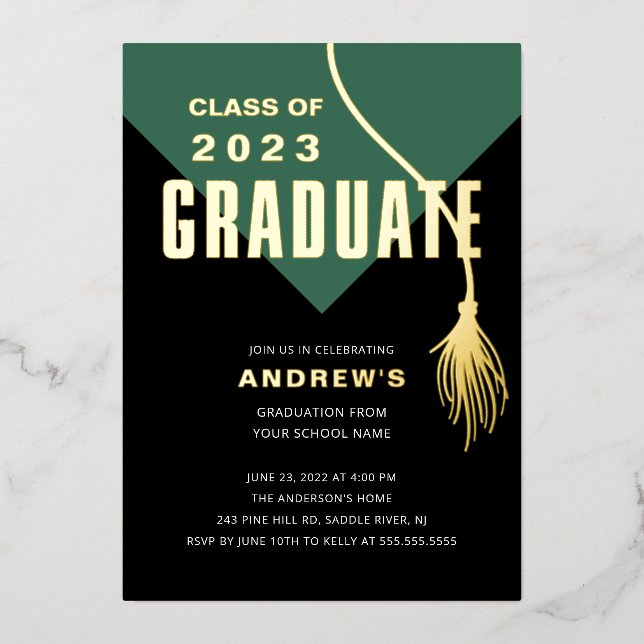 Modern Bold Green Grad Cap Graduation Foil Invitation (Front)