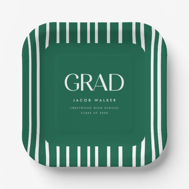 Modern Bold Green Striped Pattern Graduation Party Paper Plates (Front)