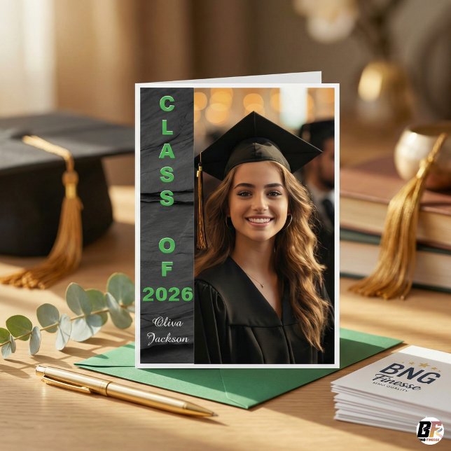 Modern Bold Green Vertical Text Class of 26 Photo Invitation (Creator Uploaded)