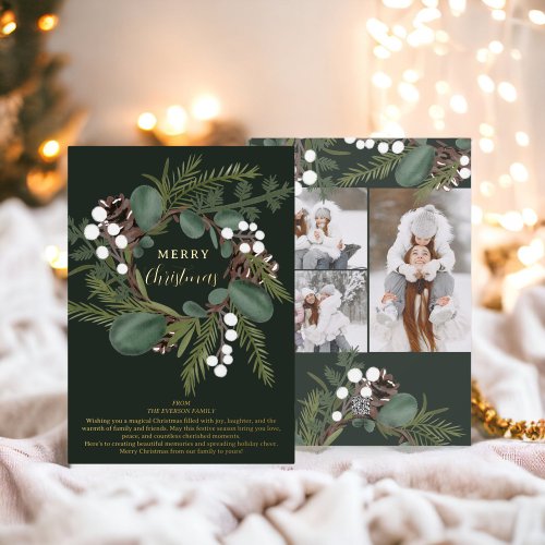 Modern Bold green wreath 3 photos Christmas Foil Holiday Card