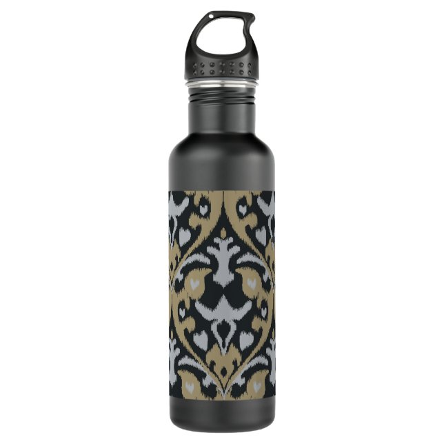 Modern bold grey beige black ikat tribal pattern stainless steel water bottle (Front)