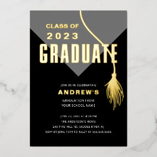 Modern Bold Grey Grad Cap Graduation Foil Invitation