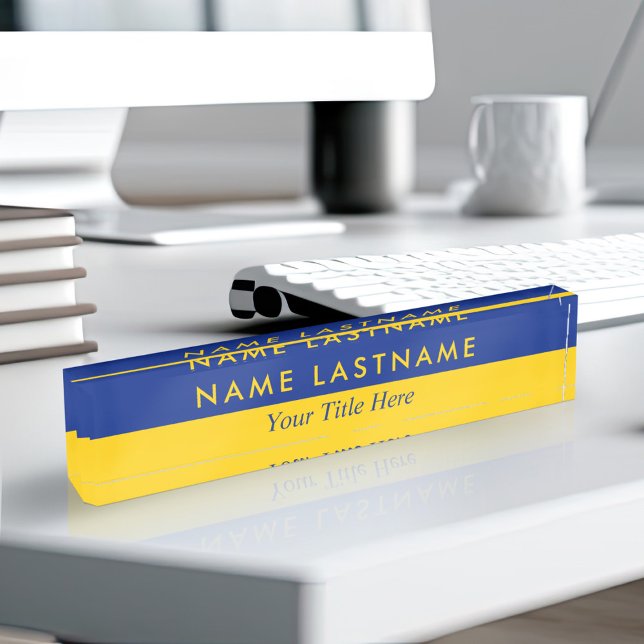 Modern Bold Half Yellow Navy Blue Title Desk Name Plate (Creator Uploaded)
