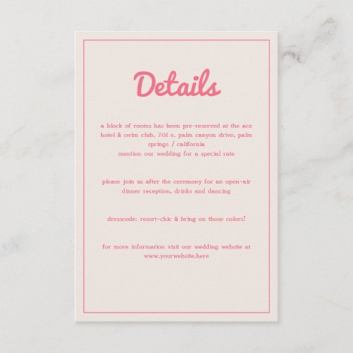 Modern Bold Hot Pink Fuchsia Retro Vibes Wedding  Enclosure Card