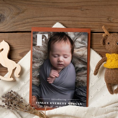 Modern Bold Initial Introducing New Baby Photo Announcement