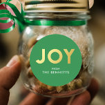 Modern Bold JOY Faux Foil Personalized Christmas Classic Round Sticker<br><div class="desc">Make a bold statement this holiday season with these modern styled stickers. They feature typography that reads JOY in a faux gold foil design over a custom color background (shown in bright green). Great for use as gift labels,  envelope seals,  party favor labels,  and more!</div>