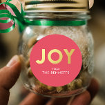 Modern Bold JOY Faux Foil Personalized Christmas Classic Round Sticker<br><div class="desc">Make a bold statement this holiday season with these modern styled stickers. They feature typography that reads JOY in a faux gold foil design over a custom color background (shown in red). Great for use as gift labels,  envelope seals,  party favor labels,  and more!</div>