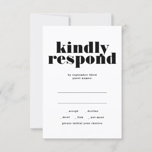 Modern Bold Kindly Respond Black White Wedding RSVP Card