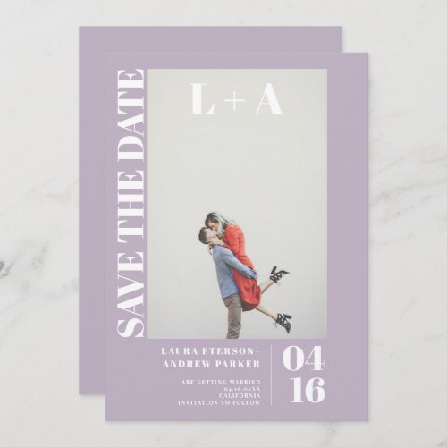 Modern bold lavender initial photo save the date