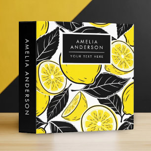 Modern Bold Lemon & Black Leaves  Seamless Pattern 3 Ring Binder