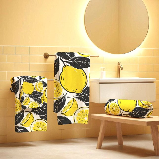 Modern Bold Lemon & Black Leaves  Seamless Pattern Bath Towel Set (Creator Uploaded)