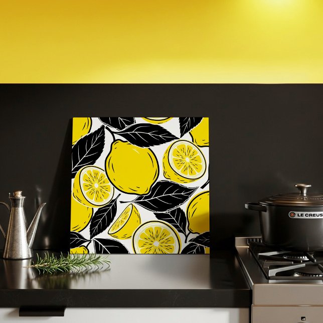 Modern Bold Lemon & Black Leaves  Seamless Pattern Ceramic Tile (Creator Uploaded)