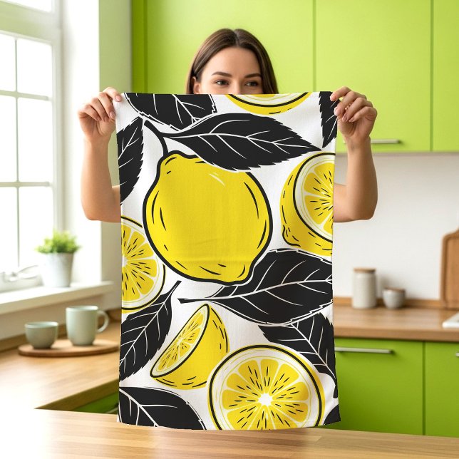 Modern Bold Lemon & Black Leaves  Seamless Pattern Kitchen Towel (Creator Uploaded)