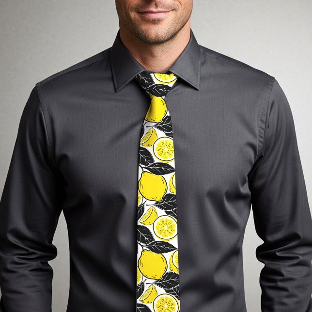 Modern Bold Lemon & Black Leaves  Seamless Pattern Neck Tie (Creator Uploaded)